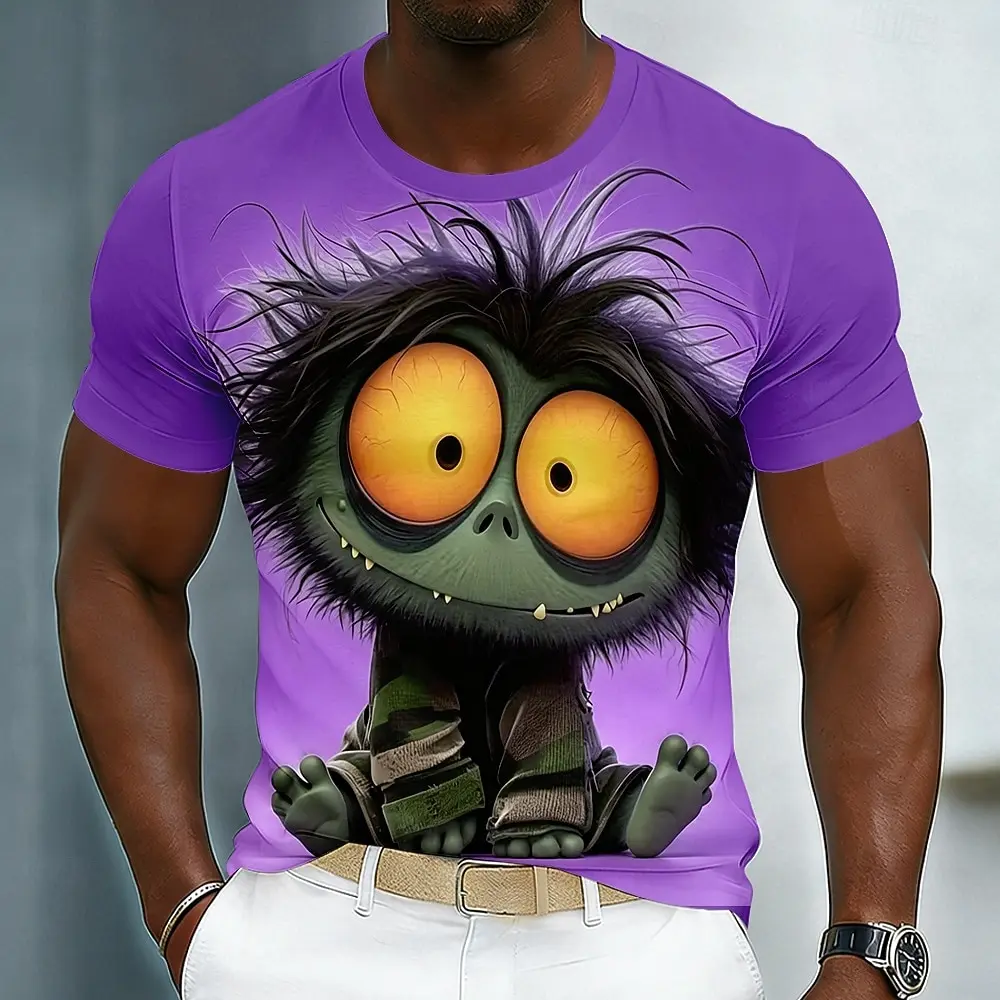 Men's 3D Cute Big Eyes Monster Print T-Shirt Furry Cartoon Creature Funny Graphic Crew Neck Short Sleeve Tee