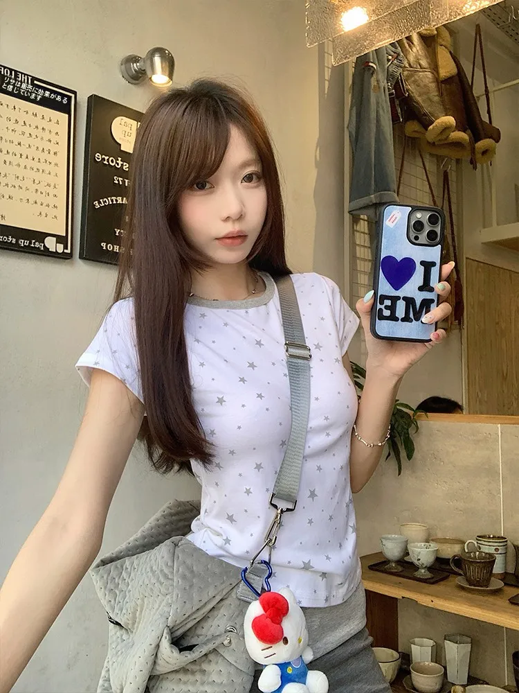 MosesQueen Queen Moses Star Print Slim Fit round Neck Short Sleeve T-Shirt Women's Casual Style Cotton Top