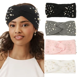 Autumn Winter Turban Bandage For Women Cold-Proof Knitted Wool Hairbands Headband Bandana Fashion Korean Pearl Hair Accessories