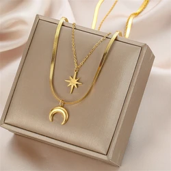 316L Stainless Steel Snake Bone Double Layer Chain Moon Star Pendant Necklace For Women Fashion Fine Jewelry Party Gifts N812