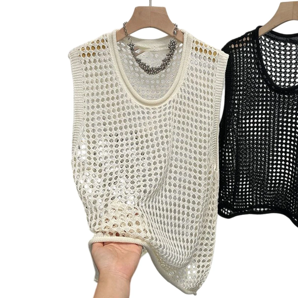 Women's Openwork Knit Sleeveless Top with Round Neck and Relaxed Silhouette Suitable for Holiday and Outdoor Summer Use