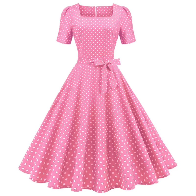 ZRetro Women's Dress, Temperament, Square Collar, Short Sleeve, Polka Dot Printed, Waist-Controlled, Large Swing Dress