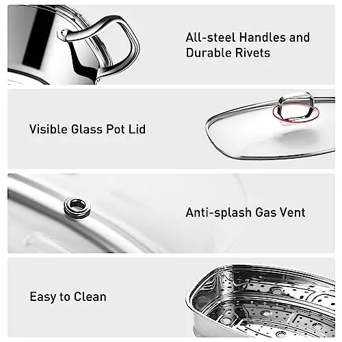 

Stainless Steel Two-Tier Steamer With All-Steel Handles, Tempered Glass Lid, Ceramic Tray, Rack, And Heat-Resistant Gloves