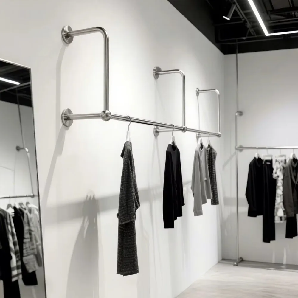 Women's Clothing Store Wall-Mounted Modular Stainless Steel Wire-Drawing Hanger Clothes Rail Light Luxury Display Rack