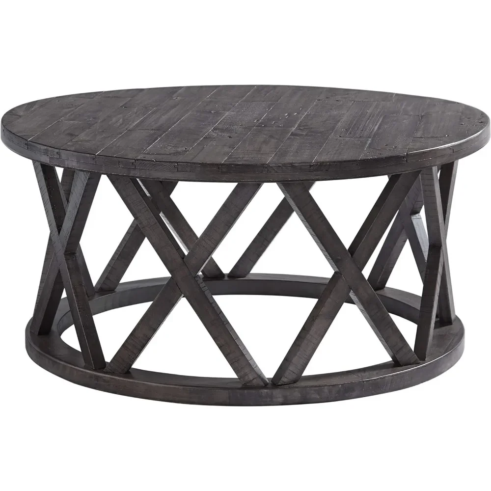 Table Basse Rustique Ronde en Bois Massif Enrichi, Tables Basses pour Salon, Finition Gris Rayé, Table Centrale, Mobilier de Salon, Café