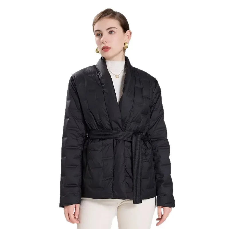 Kurtka puchowa damska jesienno-zimowa europejska, kardigan do pracy, dekolt w serek, kurtka z białego puchu kaczego.