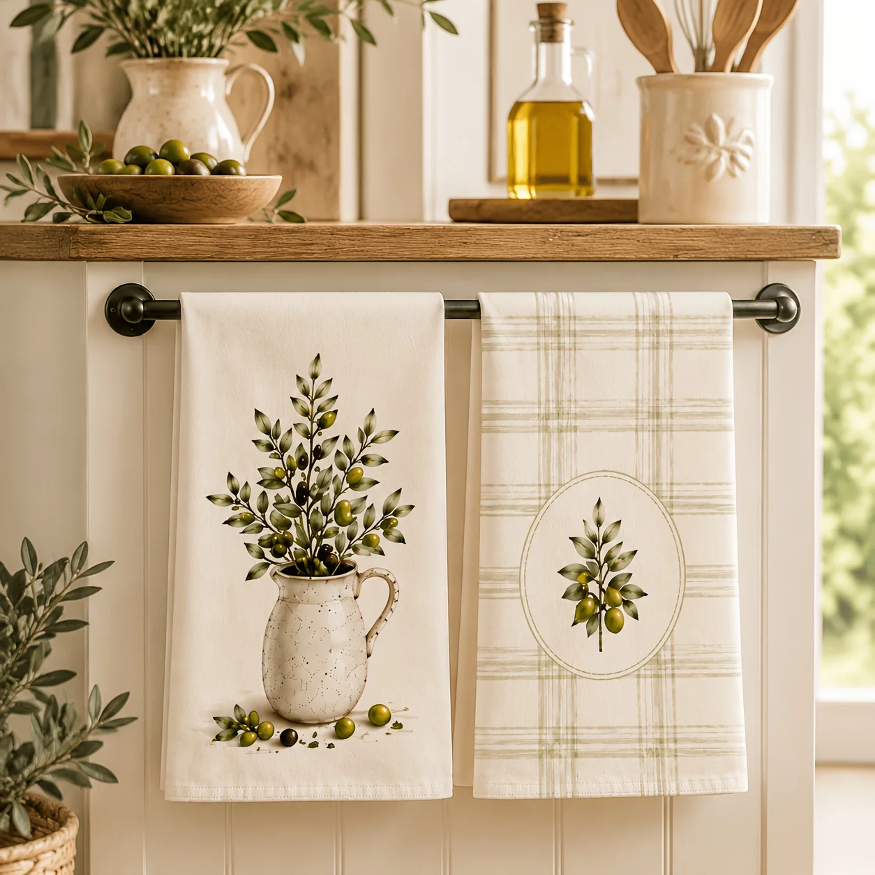 2-Pack Fresh Green Olive Fruit Branches and Leaves Watercolor Absorbent Hand Wipe Tea Towel
