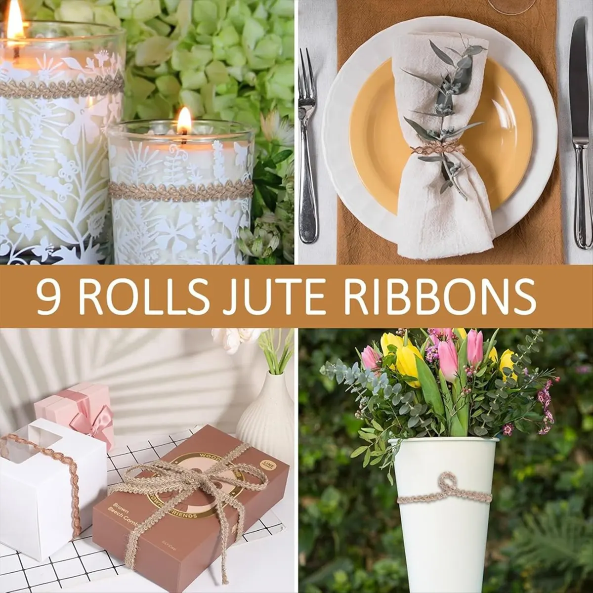 9 Rolls Vintage Craft Ribbon Natural Ribbon Gift Ribbon Boho Hessian Ribbon for DIY Gifts Packaging Christmas Wedding