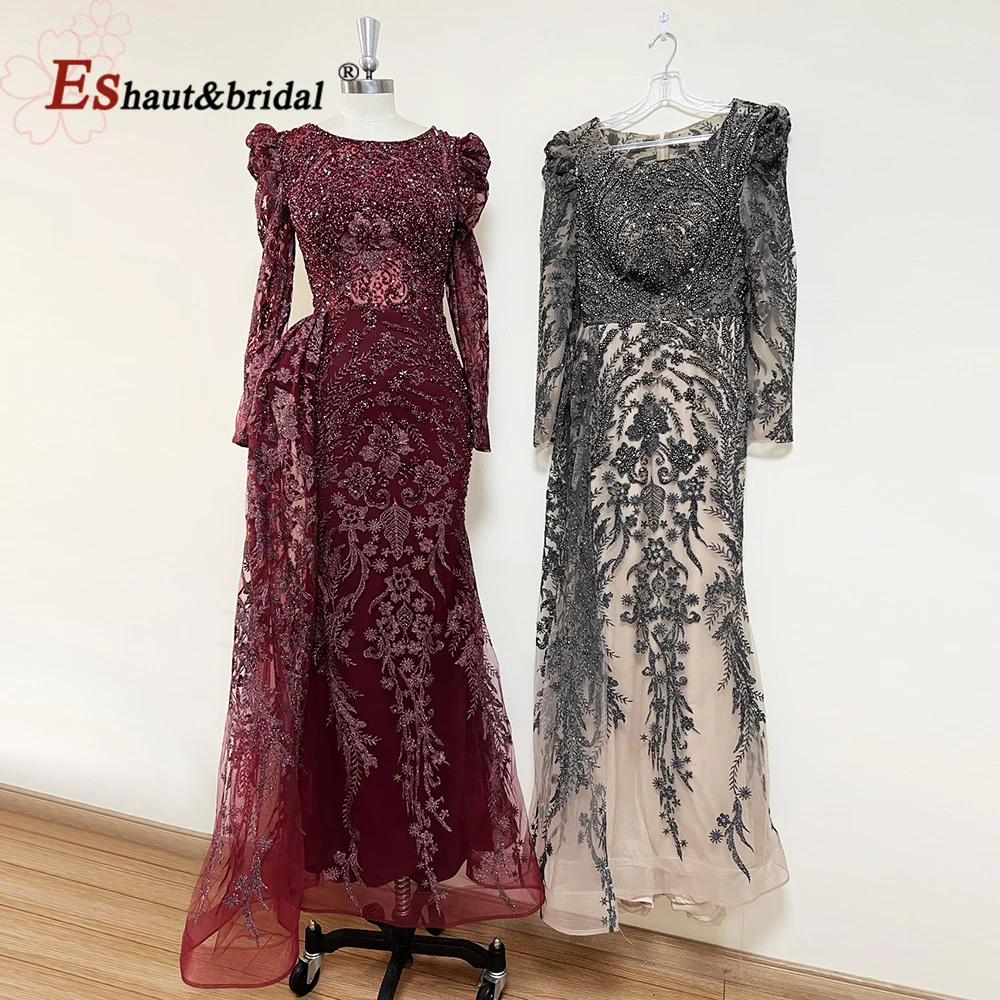 Elegant Dubai Arabic Lace Evening Night Dress for Women 2024 Long Sleeves O Neck Mermaid Crystal Formal Wedding Prom Party Gowns