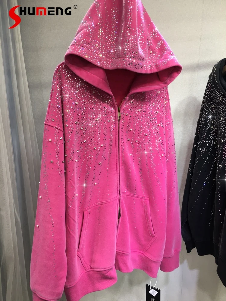 

Women 2025 Winter New Fashion Rhinestone Zipper Loose Comfort Fleece-Lined Hooded Jackets Mid-Length Long Sleeve Hoodies Coats