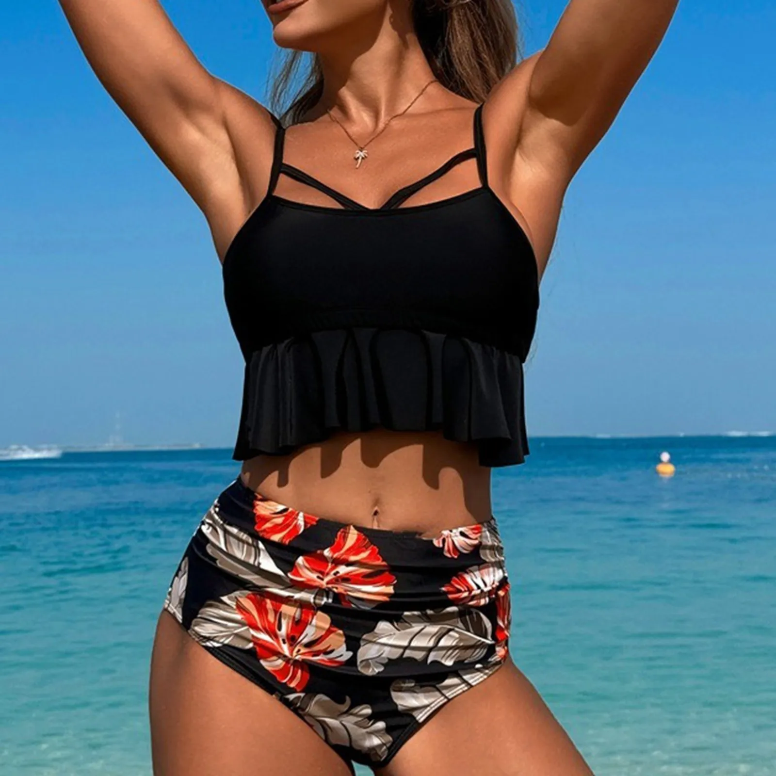 Bikini Printed Set Bathing Suit V-neck Drawstring Bikini Set Women Sling Bra High Waist Shorts Beachwear Swimsuit 2 Piece Cloth