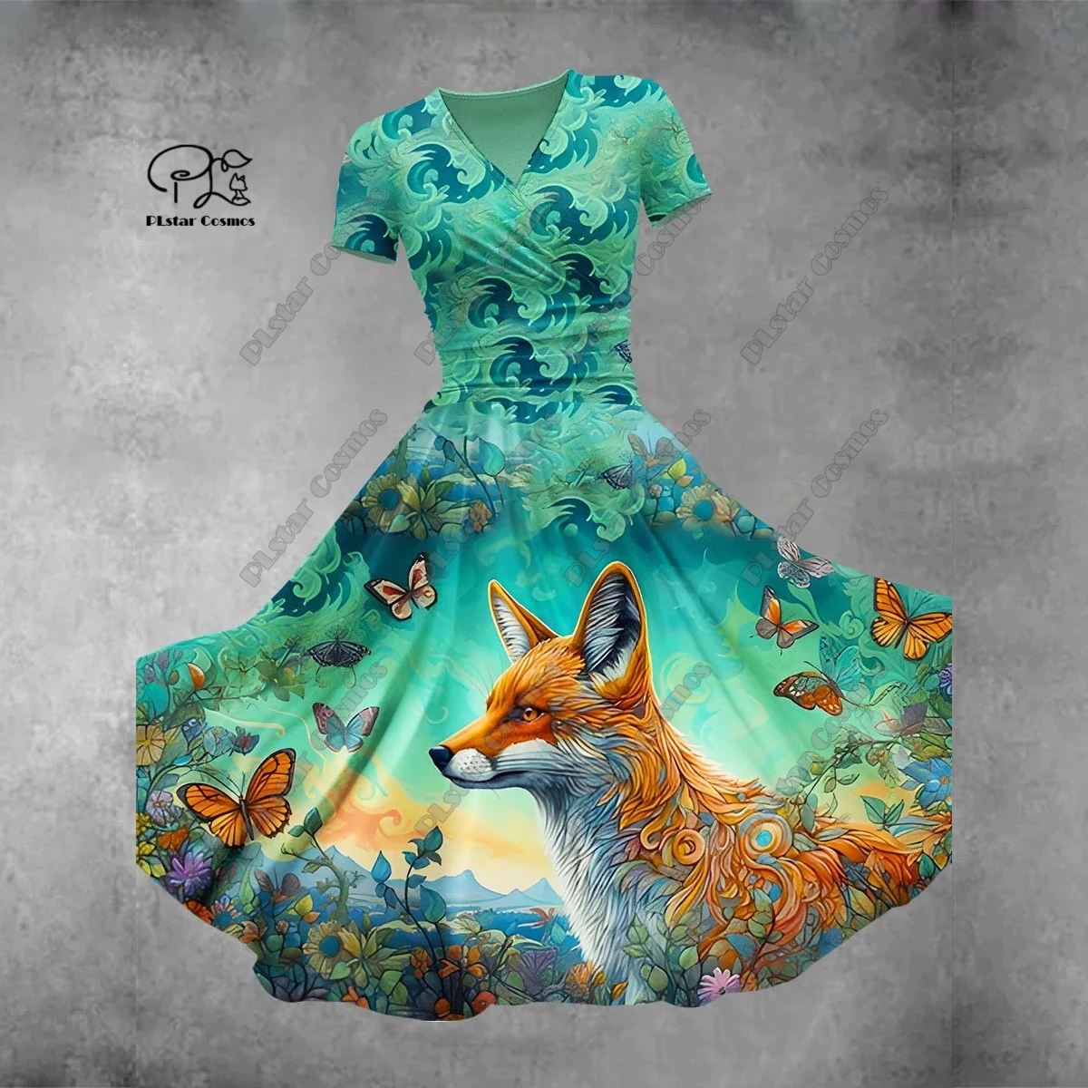 PLstar Cosmos 3D printed new flower butterfly series V-neck short-sleeved dress A-type long dress with love gift   H-2