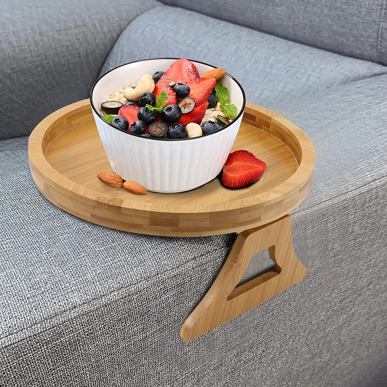 Sofa Arm Clip Table Foldable Couch Arm Tray Table Bamboo Sofa Armrest Clip-On Tray Round Sofa Arm Tray for Snack/Drink/Phone/TV