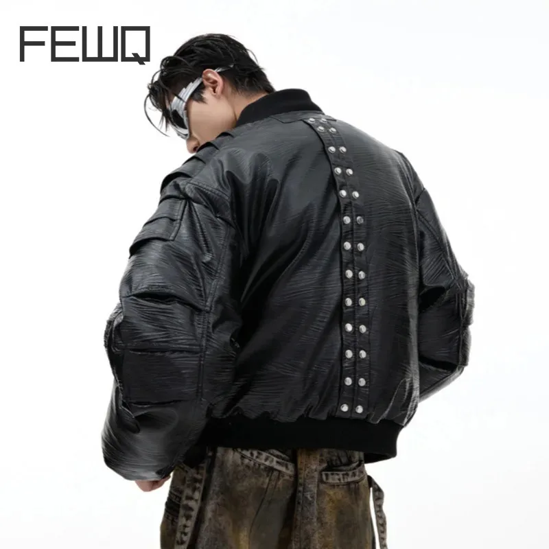 

FEWQ Niche Deconstruction Men PU Leather Thick Baseball Cotton Jacket Metal Breasted 2024 Darkwear Long Sleeve Tops 24E2744