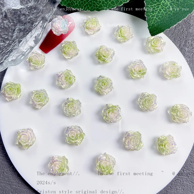 20Pc New Sparkling Flower Nail Art Accessories Firefly Luminous Resin Flower Nail Charms Flatback Resin Nails Decorations Parts