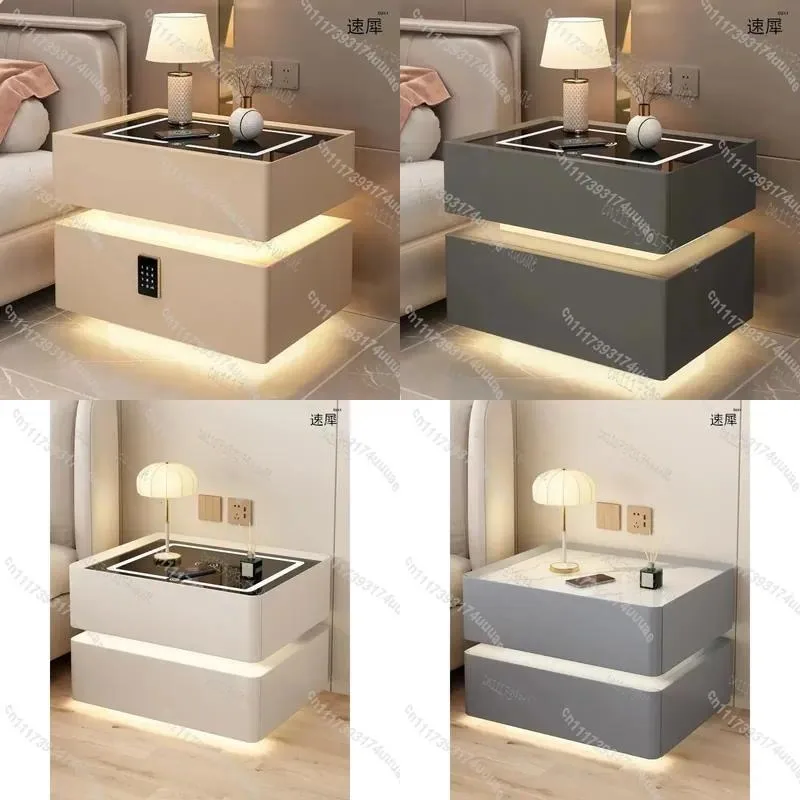 Modern Solid Wood Nightstand with Wireless Charging Smart 2 Drawers Lockable Bedside Table for Bedroom 40cm
