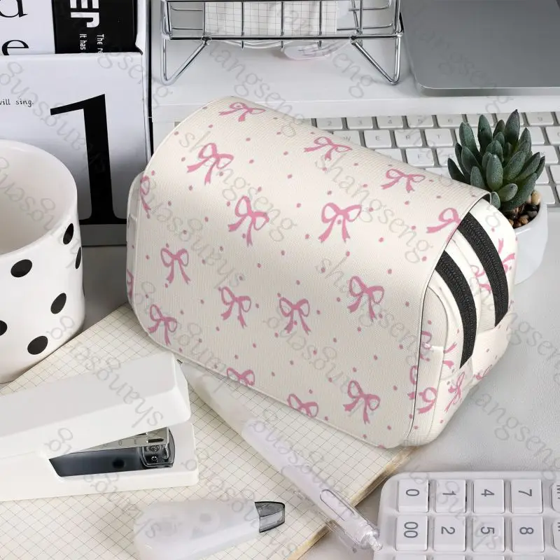 Pencil Case Double Flip Pencil Case School Supplies Children's Pencil Case Storage Cosmetic Bag Gift Bow Dots