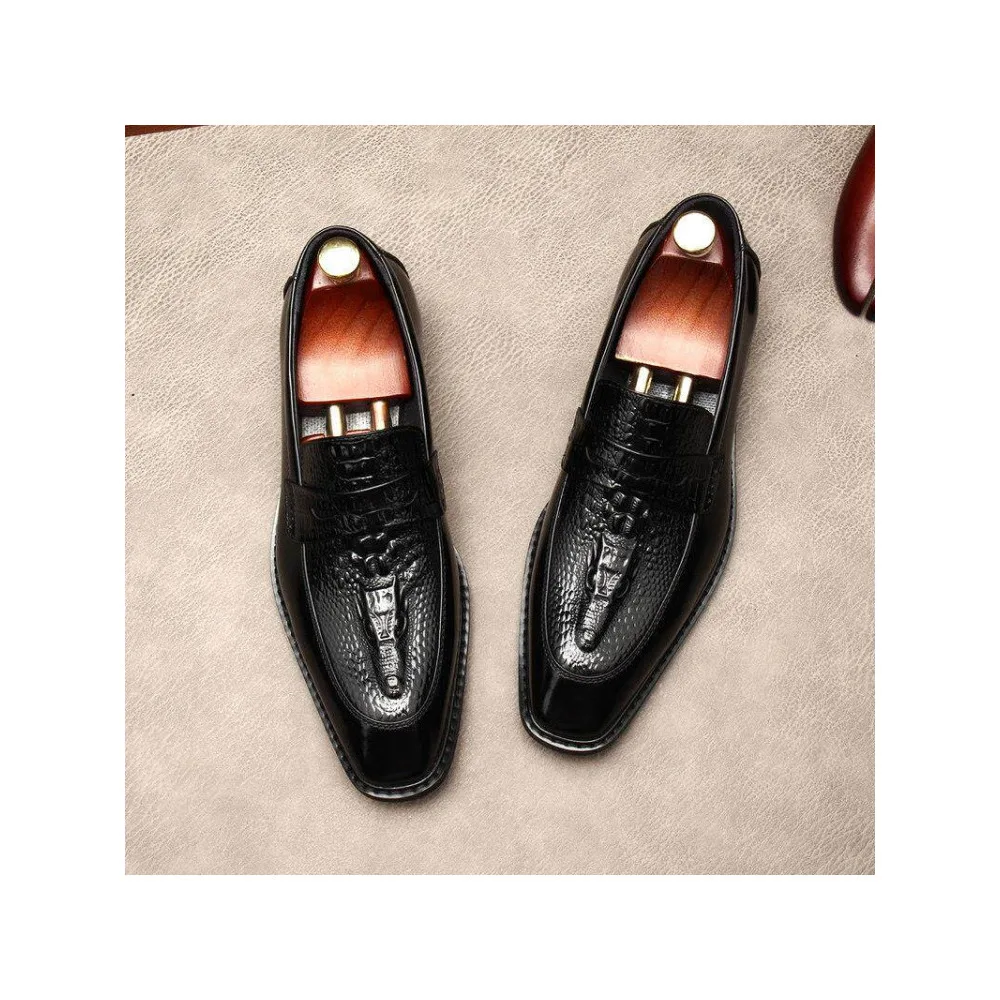 Genuine Leather Crocodile Pattern Slip on Men Dress Shoes British Style Versatile Business Casual Leather Shoes Fashion Trendy