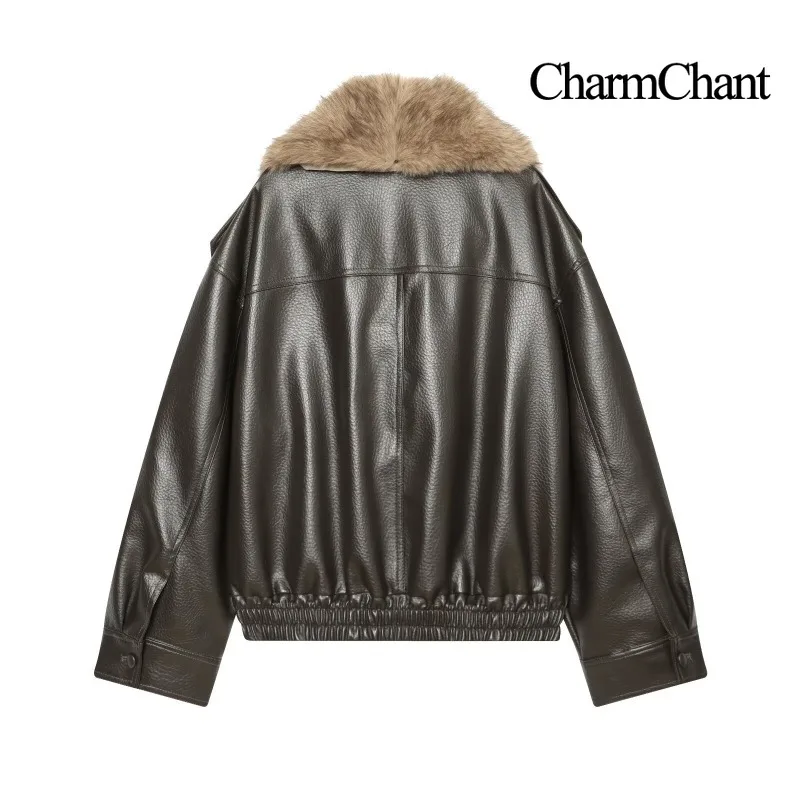 CHARMCHANT Women's Furry Collar Faux Leather Jacket Oversized Lapel Elastic Hem Button Moto Coat Streetwear 2026 Winter