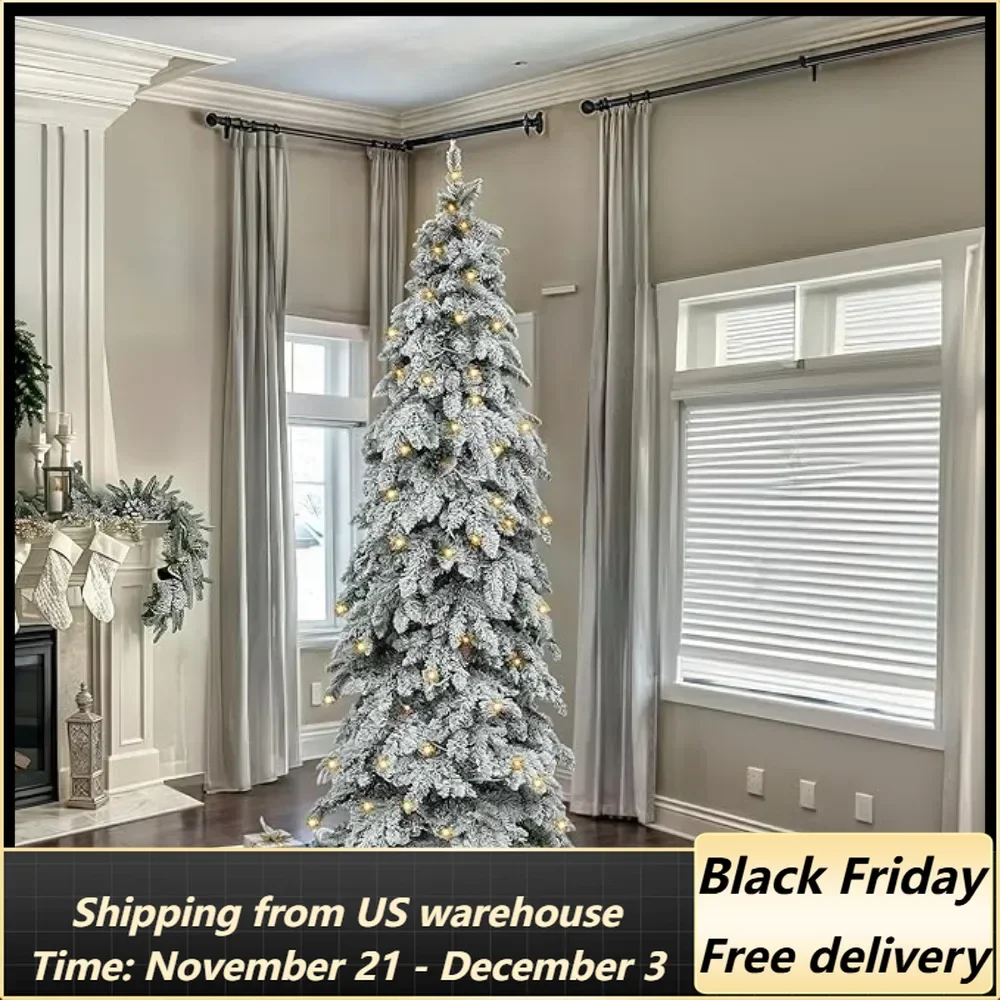 Pre-Lit Flocked Drooping Pencil Spruce Artificial Christmas Tree with Pine Cone, 7.5 FT Natural Layered Spruce Christma