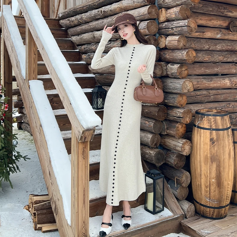 한국 우아한 니트 롱 맥시 드레스 여성 2026 봄 긴 소매 싱글 브레스티드 드레스 슬림 클래식 여성 의류