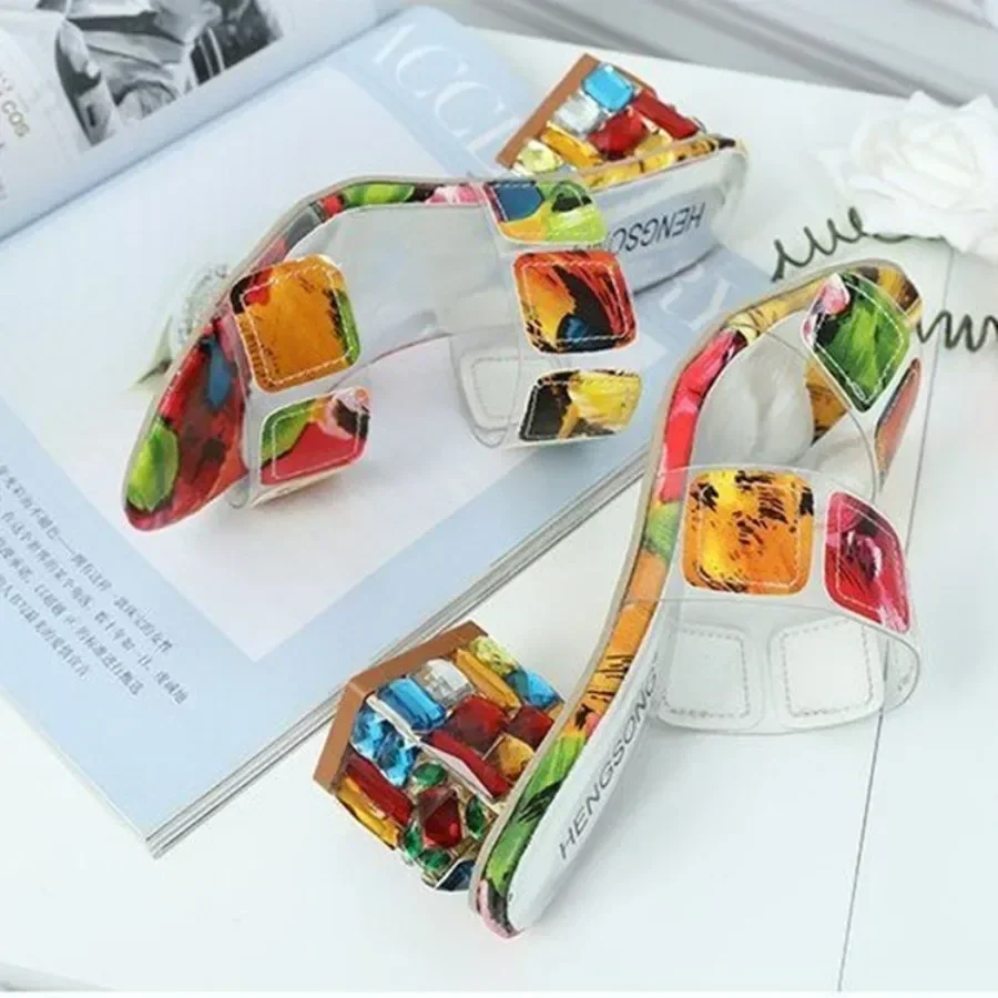 New 2026 Women's Fashion Slippers Shoes Women's Rhinestone Thick Heeled Sandals Summer One Word Color Matching Sandals for Wonen