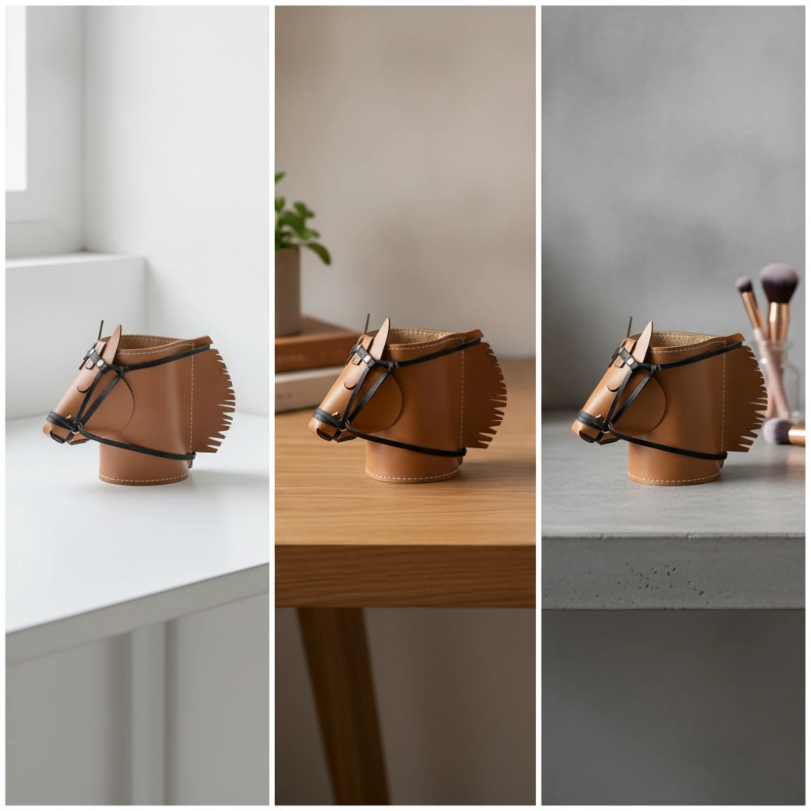 Horse Head Desk Organizer Versatile Horse Head Pen Holder Leather Desk Organizer Unique Sturdy for Equestrians, Study, Vanity