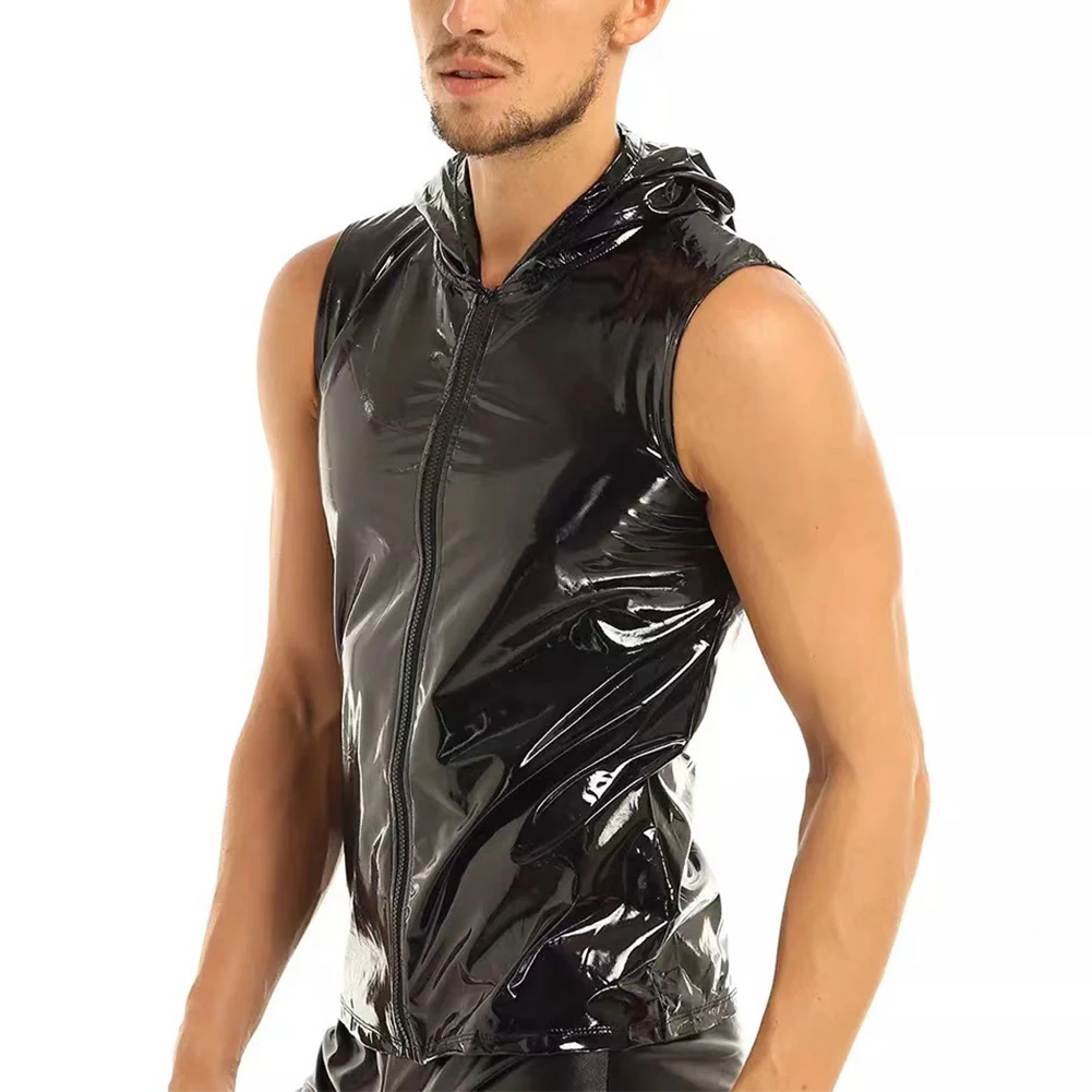 

Brand New High Quality Top Men Mirror Leather Vest T-shirt Tank Casual Clubwear Comfortable Fashion Faux Leather Hooded