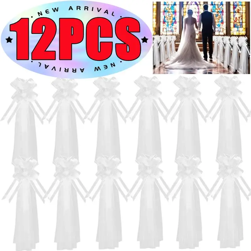 

12-1PC White Wedding Bows with Long Tulle Tails for Wedding Church Bench Chair Aisle Decor Wedding Car Decoration Party Decors