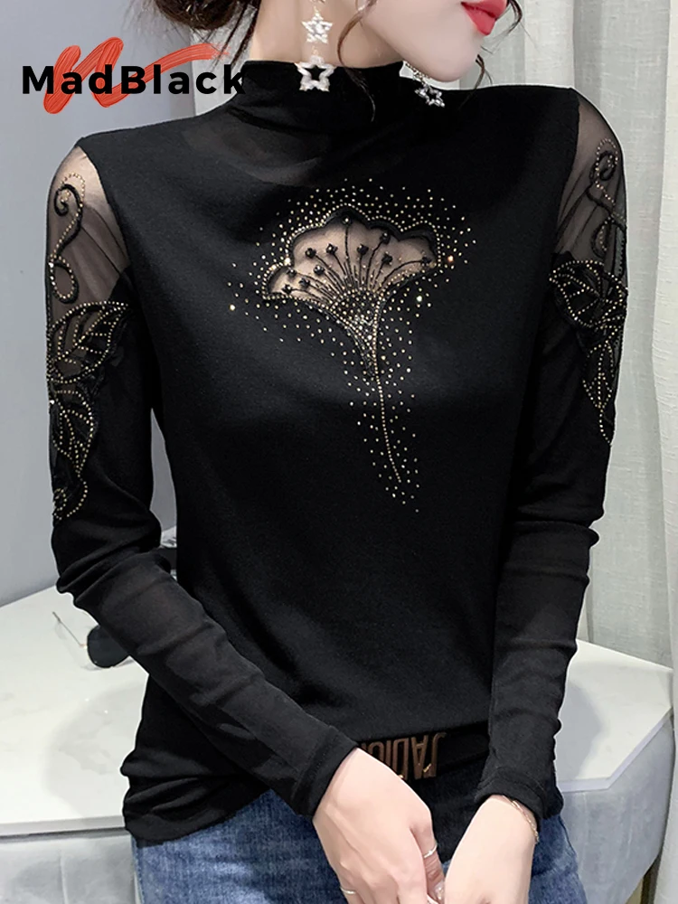 

MadBlack-Women European T-Shirt, Sexy Mock Neck Diamond Embroidery, Streetwear Long Sleeve Slim S-3XL Tee, 2025 Autumn T5N274CC