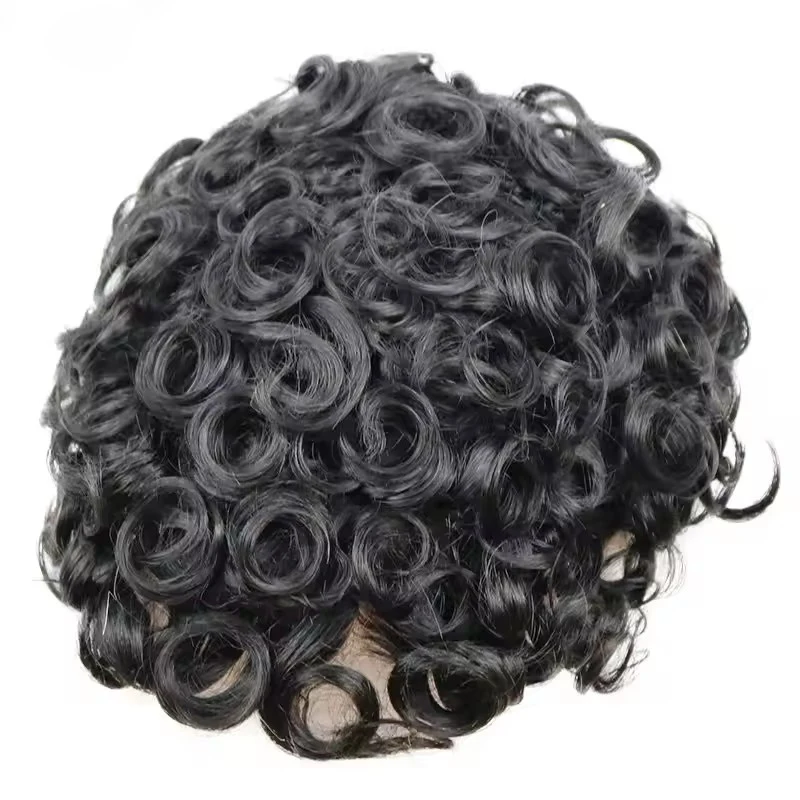 Herren-Toupet aus strapazierfähigem, braunem, 20 mm und 26 mm lockigem, 100 % Echthaar, feines Mono-Netz, Spitze, PU-Basis, Perücken, Haarprothesen-Systeme, Haarstücke – Detail 3