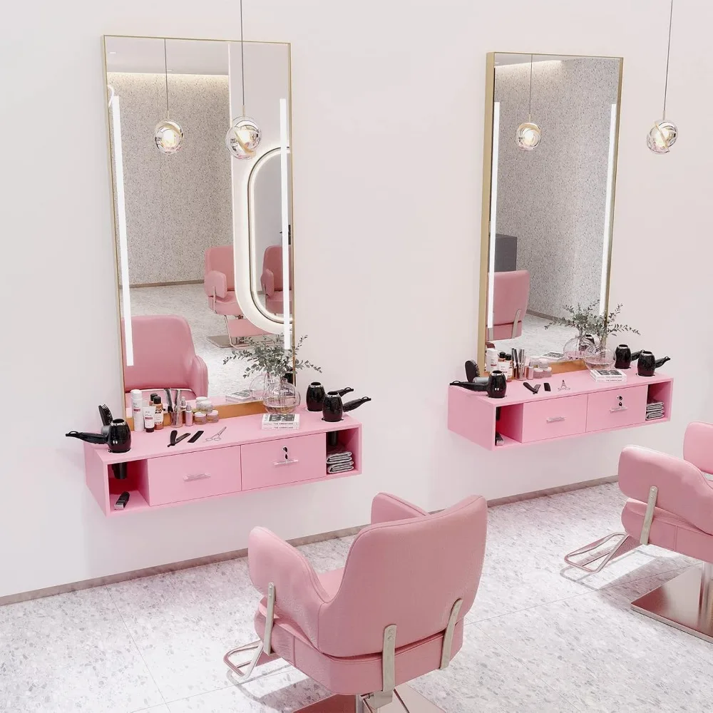 Locking Wall Mount Styling Station, Pink Salon Cabinet with 5 Hair Dryer Holders