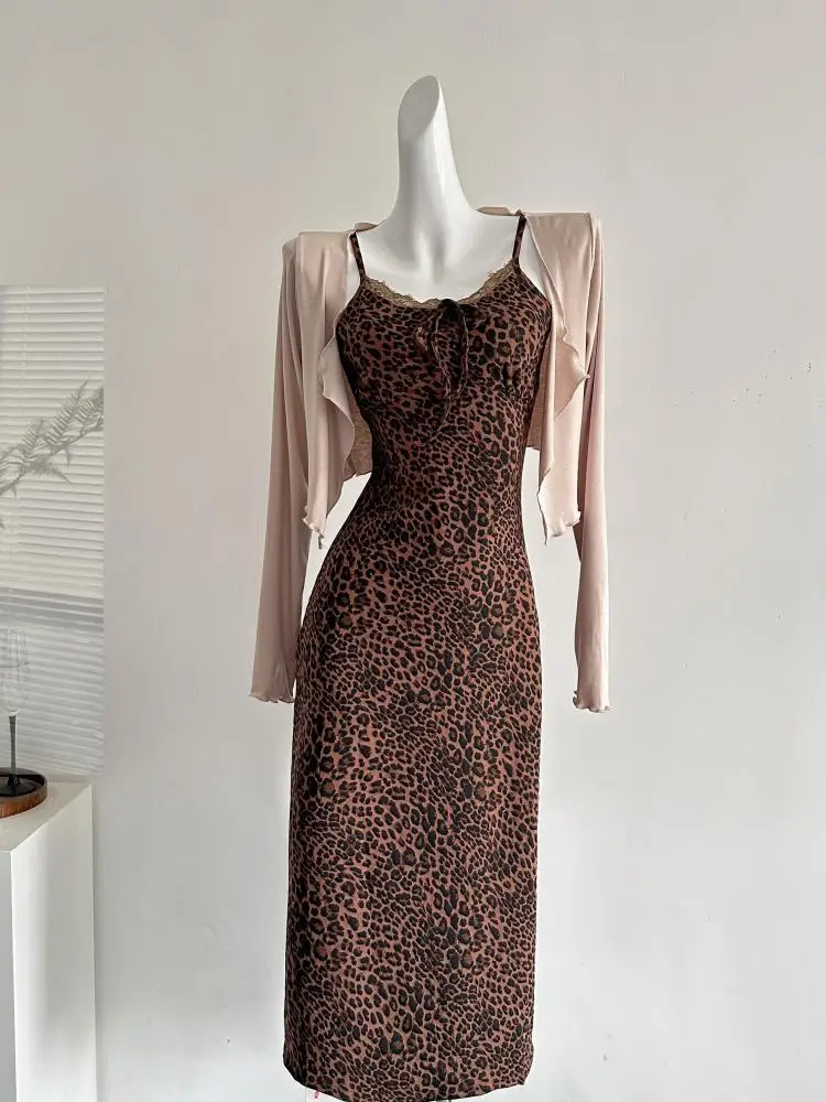 

Летний женский бежевый кардиган с длинными рукавами в стиле ретро и коричневый леопардовый принт без рукавов, тонкое длинное платье-комбинация, комплект из двух предметов, шикарный