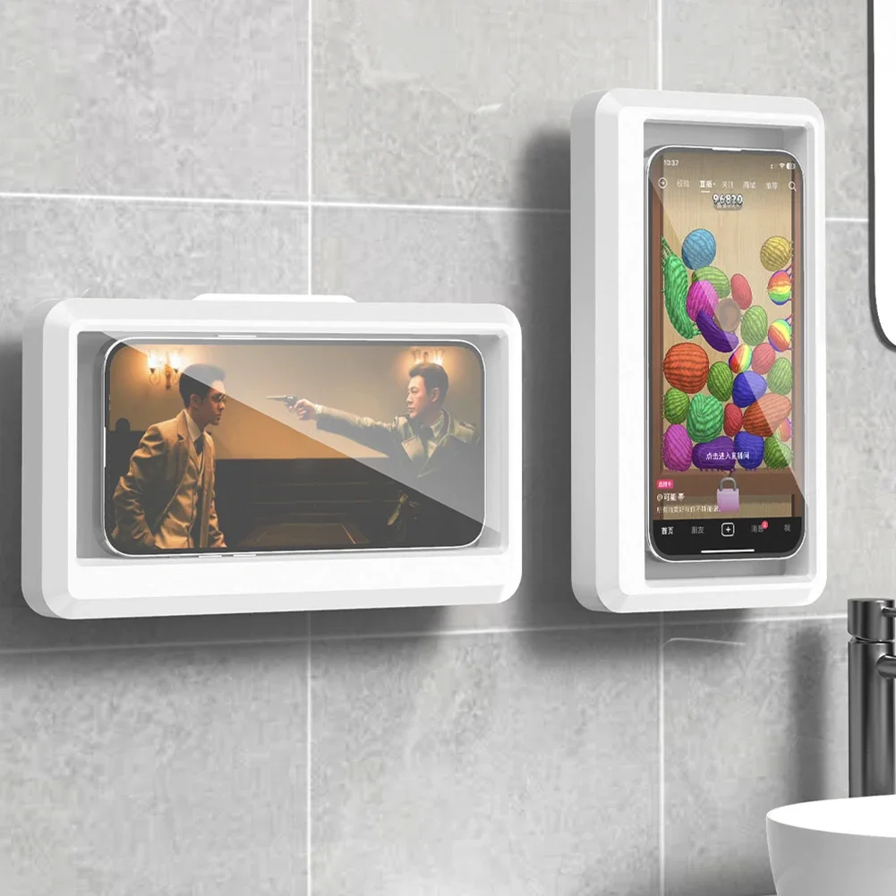 Bathroom Waterproof Phone Holder Home Wall Phone Case Stand Box Self-adhesive Touch Screen Phone Bracket Shower Sealing Storage