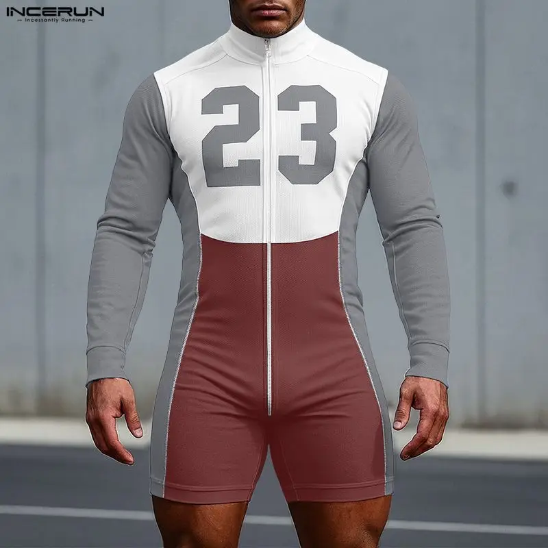 

INCERUN Men Bodysuits Printing Patchwork Color-block Zipper Long Sleeve Playsuits Men Rompers Streetwear Workout Casual Bodysuit