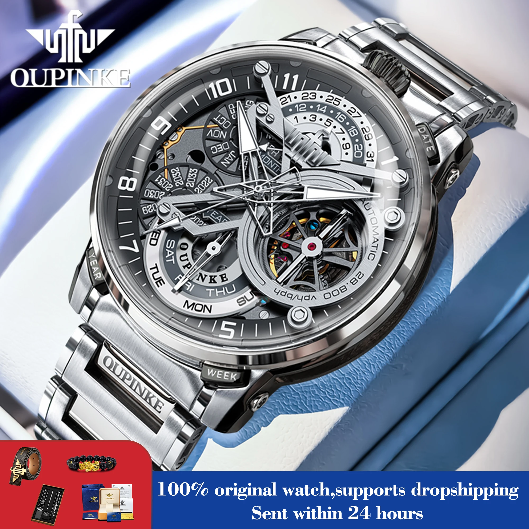 OUPINKE 3278 Men's Watch Dome-Shaped Glass Hollow Skeleton Mechanical Watches For Man Waterproof Clock Top Luxury Brand Gift Box