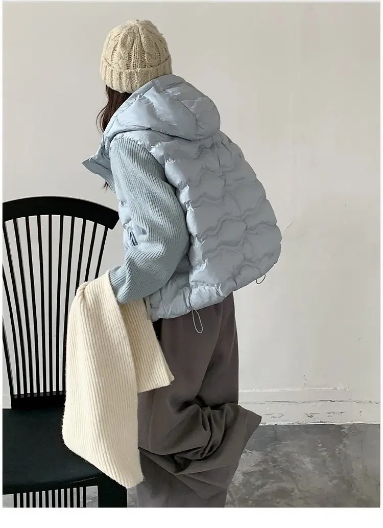 Solid Knitted Long Sleeve Cotton Jacket Autumn Winter Hooded Lightweight Warm Puffer Jackets Female Zipper Short Padded Parkas