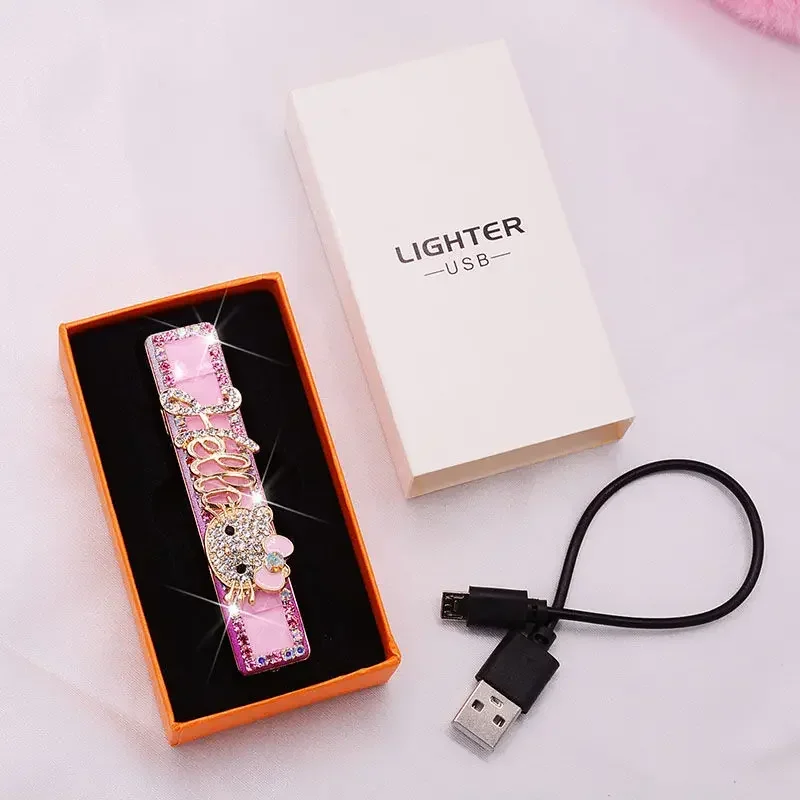 

Hello kitty lighter ultra-thin ladies long usb rechargeable windproof personality creative mute electronic cigarette lighter