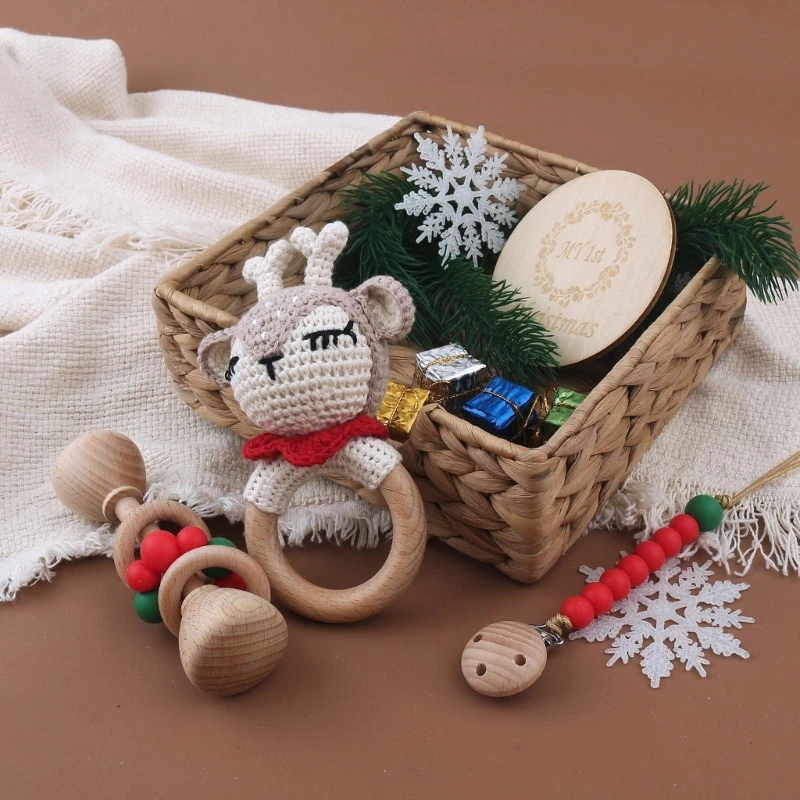 1 Set Crochet Bunny Baby Rattle Wooden Mobile Crib Play Gym Rattle Toys Silicone Beads Pacifier Clip Newborn 1st Christmas Gift