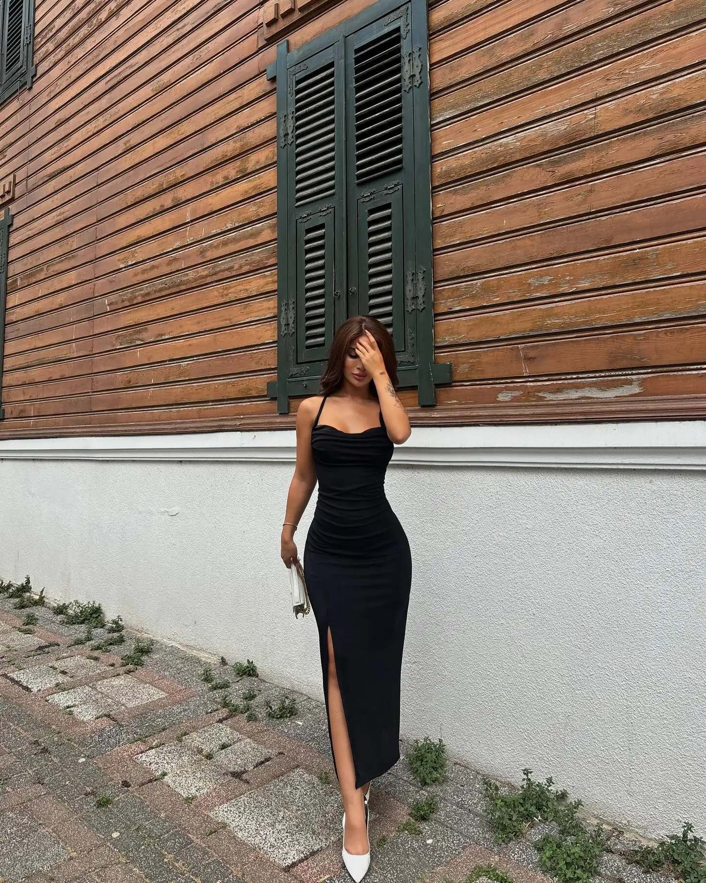 Customized Jersey Straight Spaghetti Straps Evening Dress Strapless Ankle Length Side Slit Sleeveless Black Vestidos de fiesta