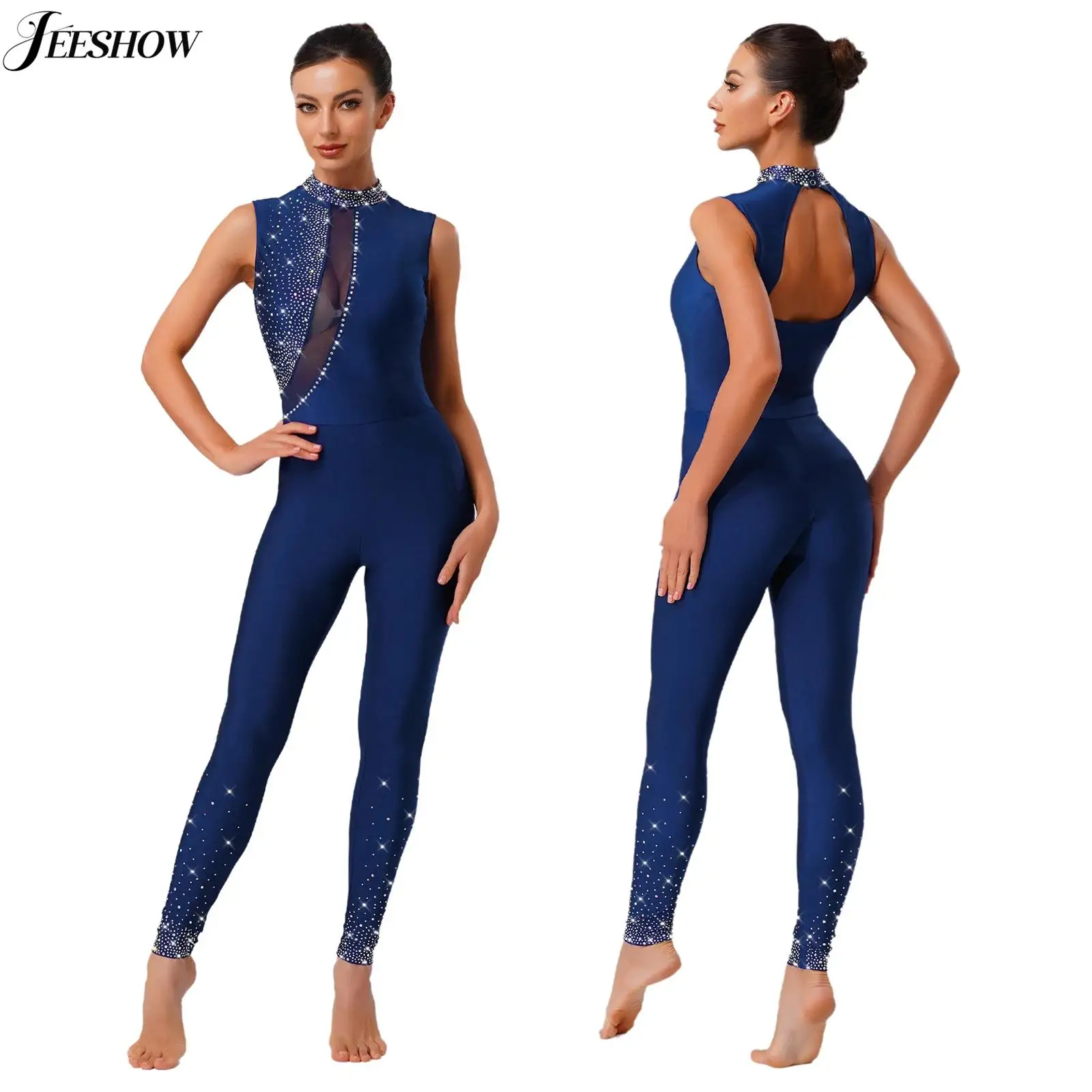 

Женский гимнастический танцевальный комбинезон с блестящими стразами без рукавов с открытой спиной, сетчатый лоскутный купальник, балетный танцевальный костюм, боди