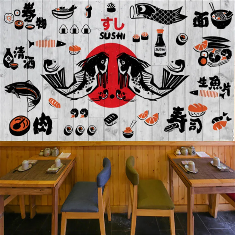 3D Mural Japanese Cuisine Wallpapers Industrial Decor Sushi Restaurant Wood Grain Background Wall Paper Decoration Painting