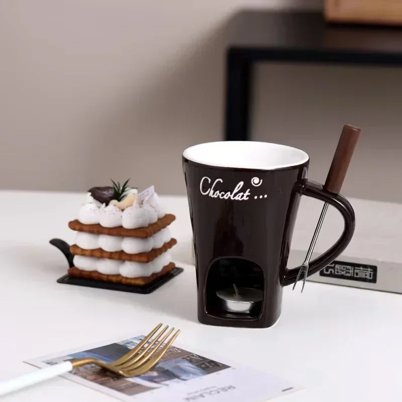 Hot Ceramic Chocolate Chafing Dish Cup with Fork Candle Pot Melting Chocolate Mug Tableware Creative Household Drinking Utensils