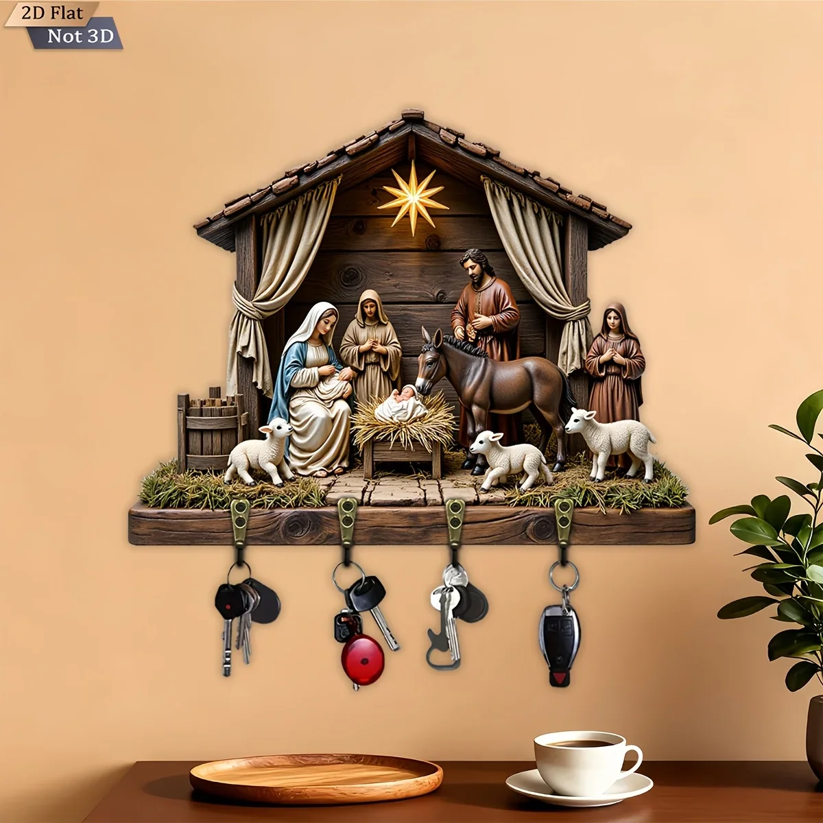 2D Flat, 1pc, Christmas Nativity Theme Key Hook Wooden Multifunctional Home Key Rack with 4 Metal Hooks, Wall Decoration, Porch