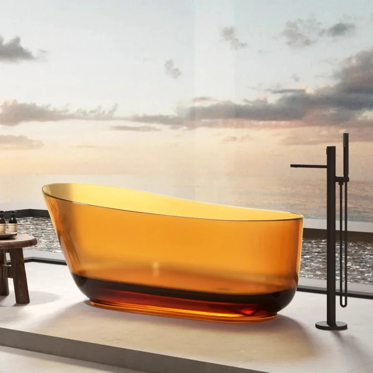 

Free-standing transparent household bathtub Color integrated resin design hotel Double bathtub