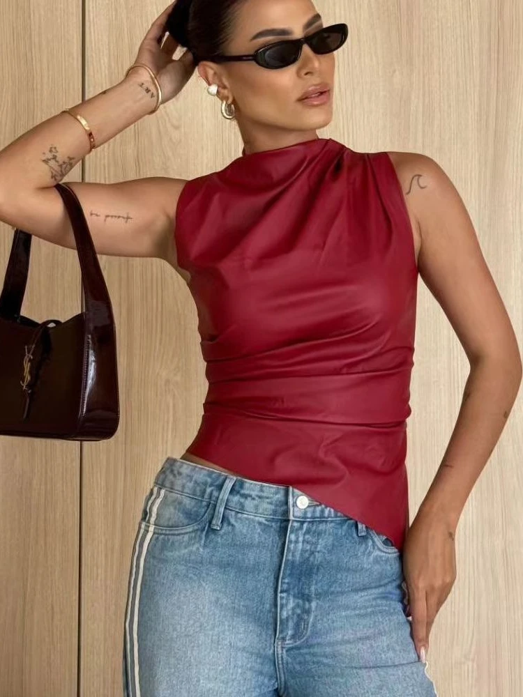 

2025 Summer Fashion New Women's Elegant Retro Street Style PU Top Personalized Temperament Sleeveless Street Hot Girl Top