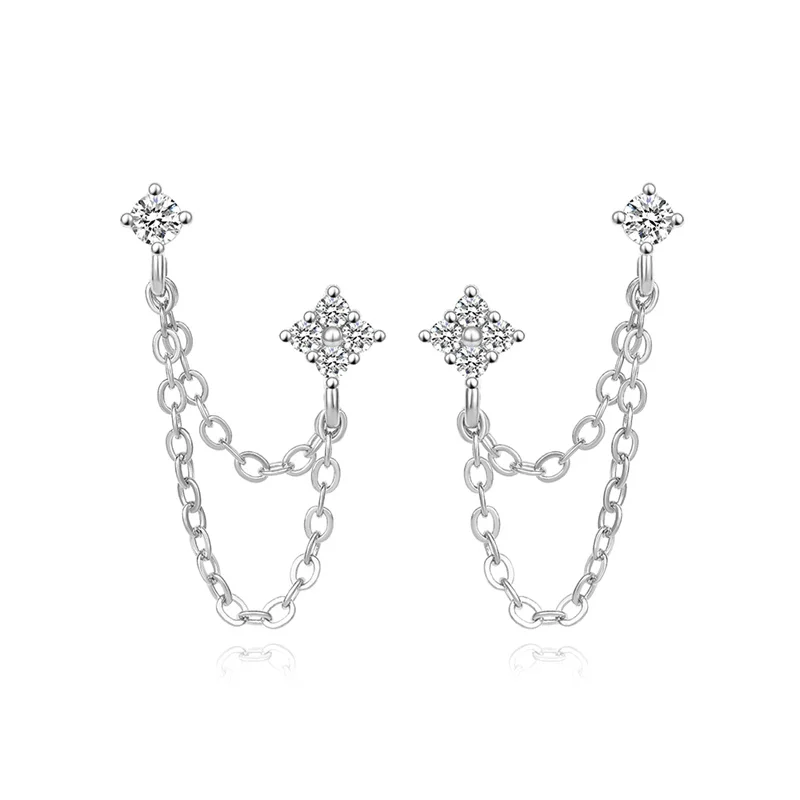 Huitan New Arrival Double Ear Studs Tassel Chains Hanging Earrings for Women Ear Piercing 3 Metal Color Luxury CZ Hot Jewelry