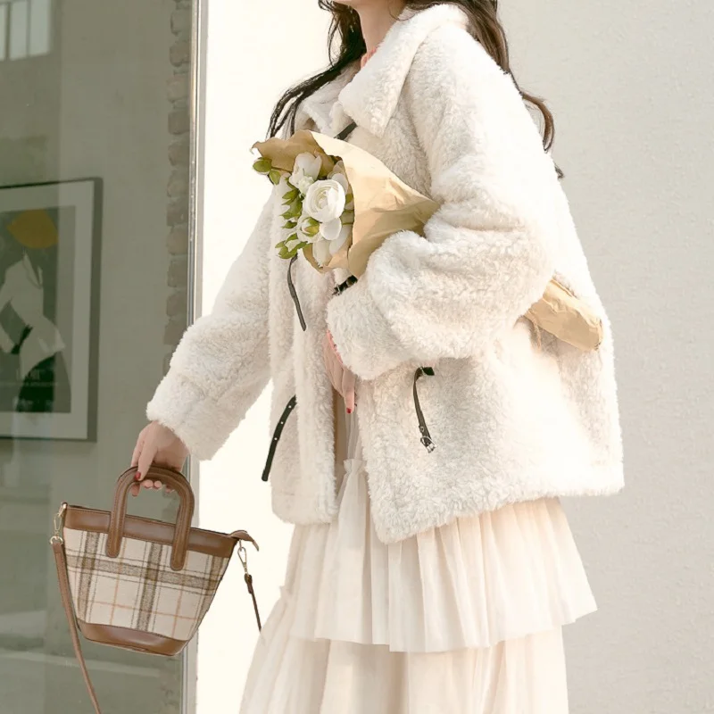 2023 Winter Lamb Wool Coat Women's Plush Thickened Warm White Jackets