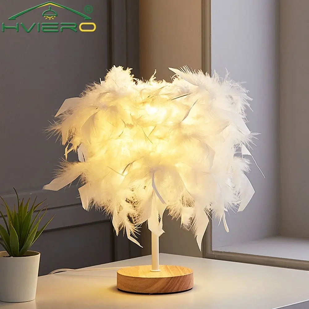 LED Warm Small Table Lamp Nordic Romantic Creative Feather Wedding Room Red Girl Bedroom Bedside Flashlight Night Reading Light