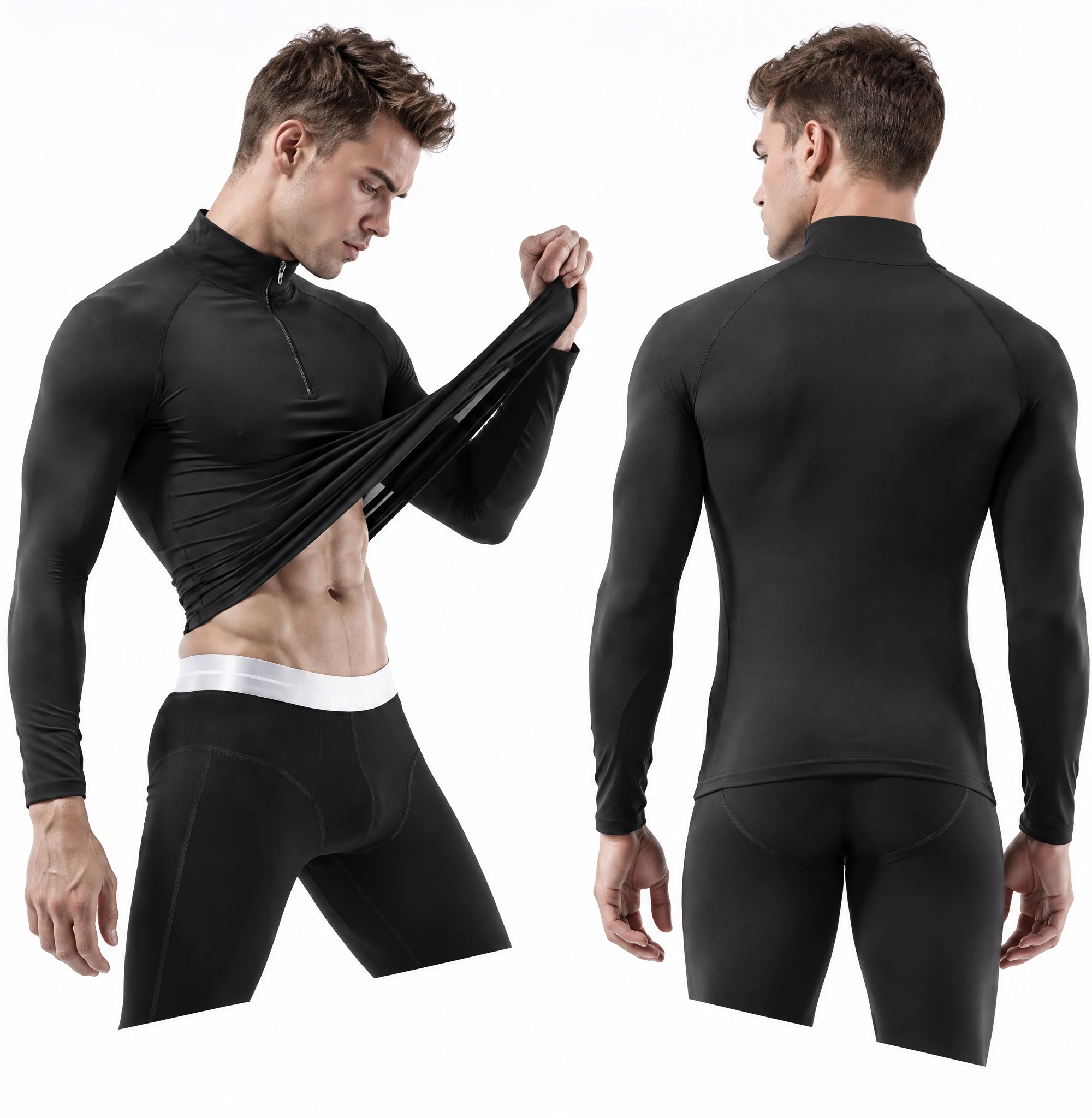 Men Half Zip Compression Shirt Long Sleeve Stand Collar Stretchy Athletic Workout Base Layer Top